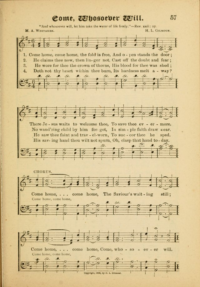 Our Praise in Song: a collection of hymns and sacred melodies, adapted for use by Sunday schools, Endeavor societies, Epworth Leagues, evangelists, pastors, choristers, etc. page 57