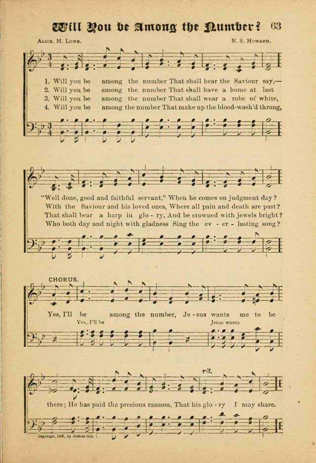 Our Praise in Song: a collection of hymns and sacred melodies, adapted for use by Sunday schools, Endeavor societies, Epworth Leagues, evangelists, pastors, choristers, etc. page 63