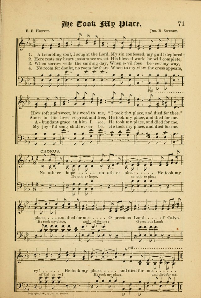 Our Praise in Song: a collection of hymns and sacred melodies, adapted for use by Sunday schools, Endeavor societies, Epworth Leagues, evangelists, pastors, choristers, etc. page 71