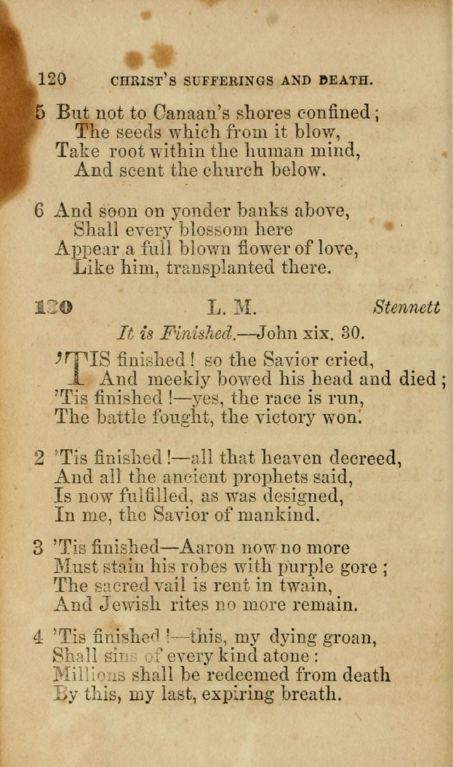 Pocket Hymns: original and selected. designed for the use of the regular Baptist church, and all who love our Lord Jesus Christ page 120