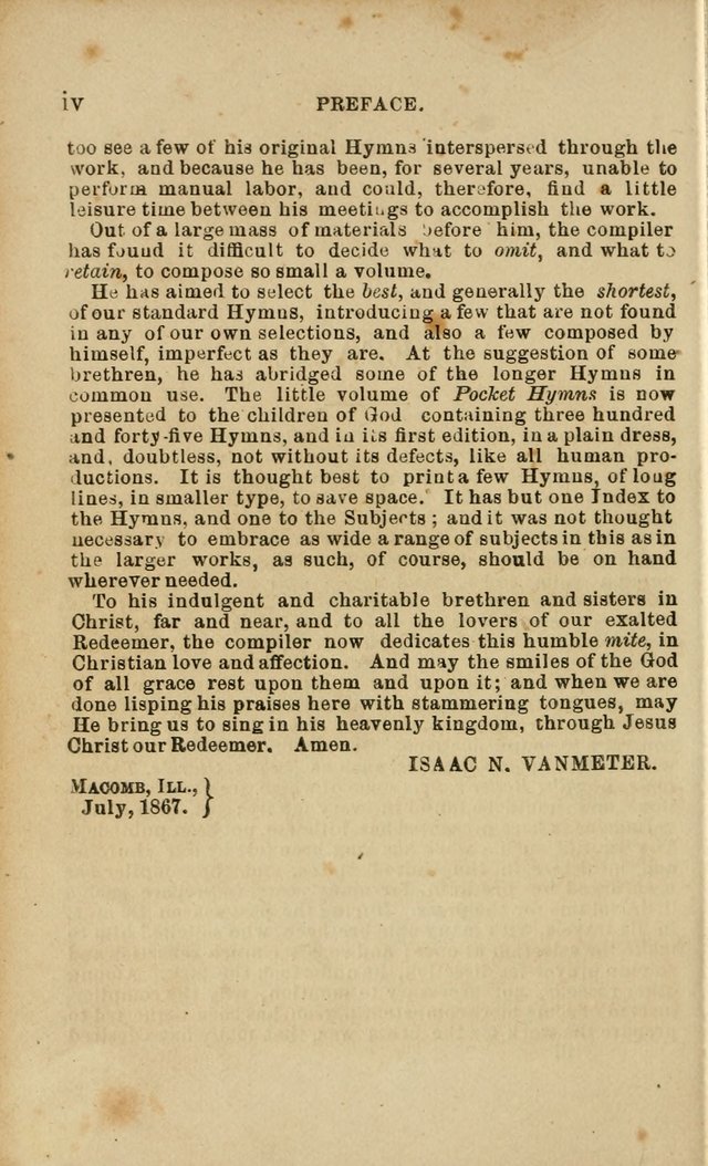 Pocket Hymns: original and selected. designed for the use of the regular Baptist church, and all who love our Lord Jesus Christ page vii