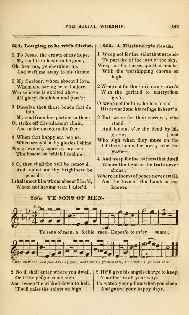 Spiritual Songs for Social Worship: adapted to the use of families and private circles, to missinary meetings, to monthly concert, and to other occasions of special interest.(Rev. and Enl. Ed.) page 183