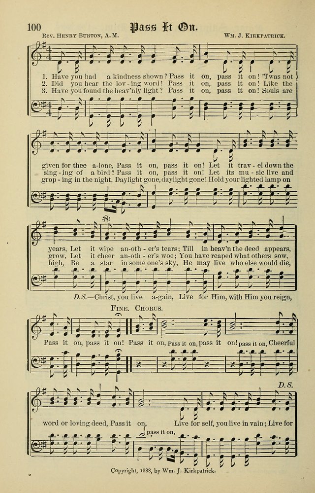 Songs of the Peacemaker: a collection of sacred songs and hymns for use in all services of the church, Sunday-school, home circle, and all kinds of evangelistic work page 100