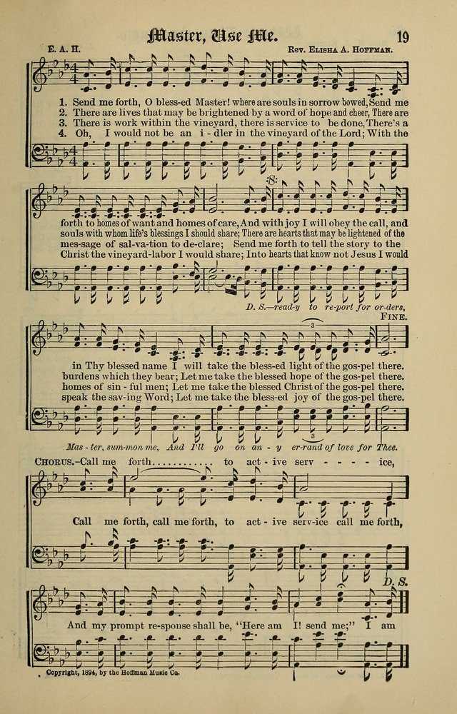 Songs of the Peacemaker: a collection of sacred songs and hymns for use in all services of the church, Sunday-school, home circle, and all kinds of evangelistic work page 19